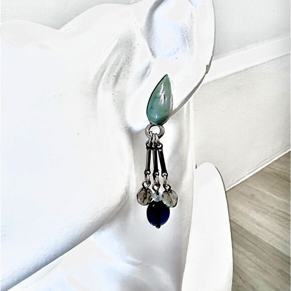 Vintage 90’s dangle earrings green enamel blue and crystal beading one of a kind - Picture 3 of 6